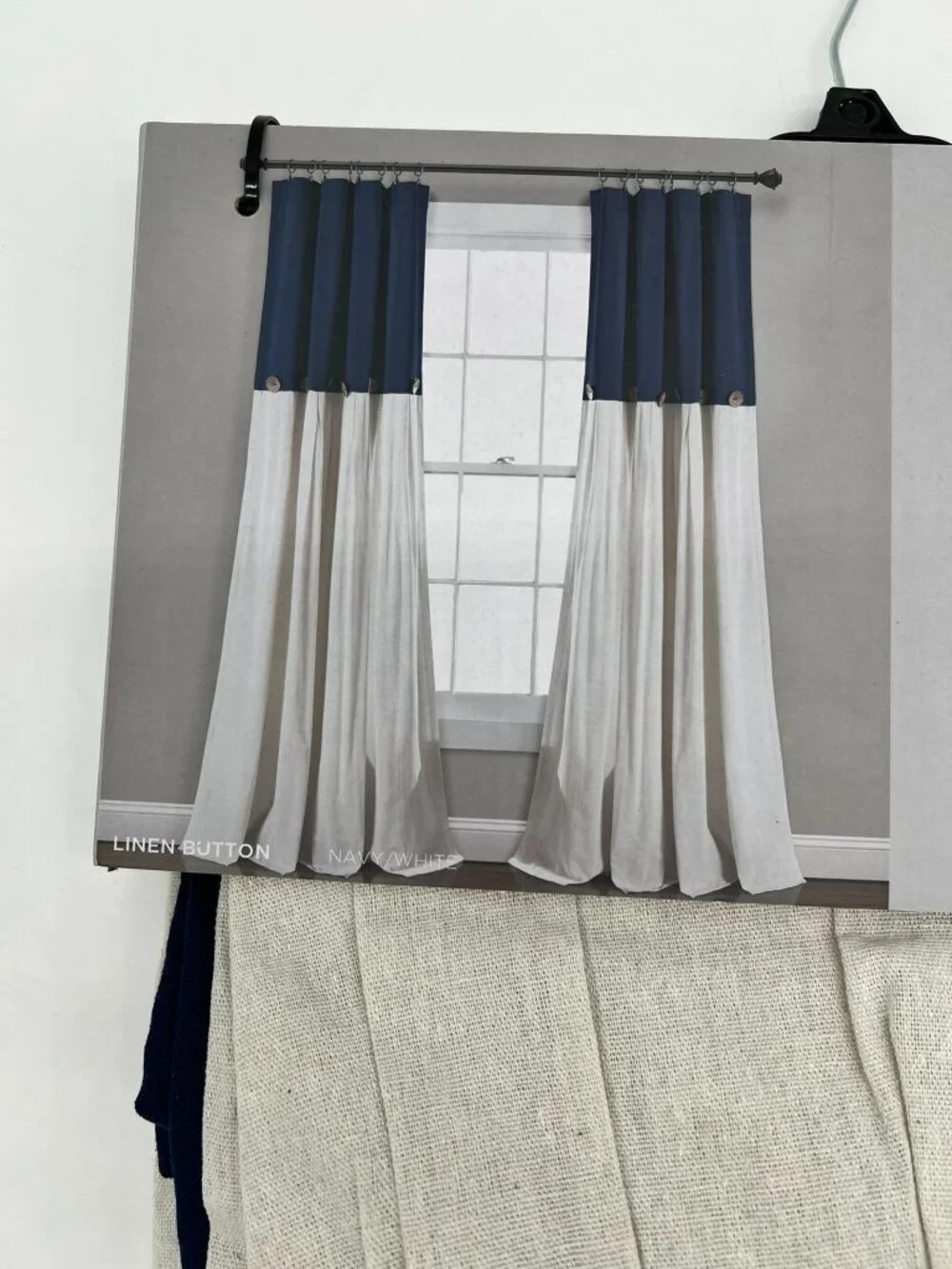 NWT Lush Décor Linen Button Cotton Blend Curtain Panel Navy White Colorblock